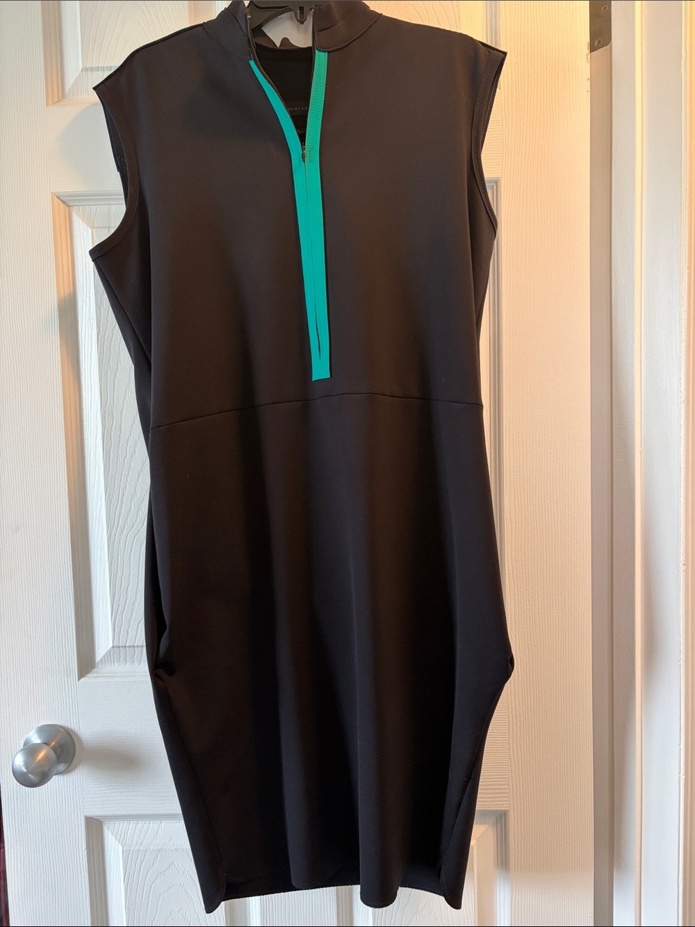 Marie Saint Pierre Sleeveless Black Midi Dress with Teal Zip Accent